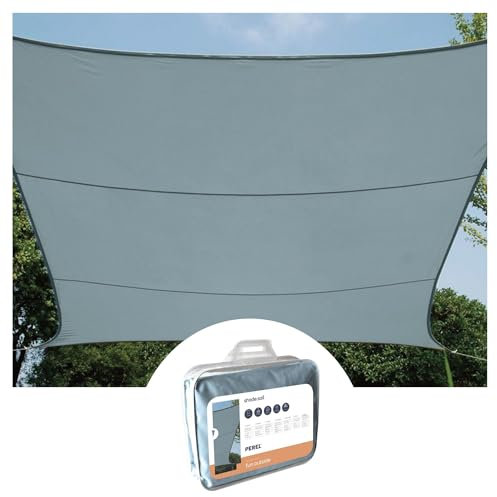 Perel Sonnensegel, Segel Sonnenschutz für Terrasse und Pool, wasserabweisend, UV-Schutz, 4 Edelstahl-O-Ringe, 3.6 x 3.6 m, 160 g/m², Polyester, quadratisch, blaugrau