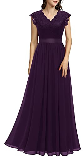Dressystar Women's V Neck Sleeveless Lace Bridesmaid Dress Wedding Guest Dress Formal Party Gown 0050BD Grape M