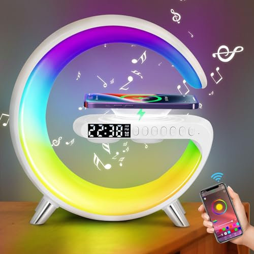 Jalann Smart Lamp Bluetooth Speaker with Wireless Charger, Dimmable Night Light G Speaker Lamp, App Control, RGB Color Changing, G Light with Sunrise Alarm Clock, LED Bedside Lamps for Bedroom (White)
