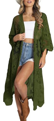 Bsubseach Mujeres Malla Cárdigan Bikini Playa Kimono Abierto Delantero Traje de baño Cover Ups Traje de Verde Oscuro