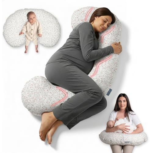 BellaMoon 3 in 1 Pregnancy Pillow – Full Body Pillow Support for Pregnant Women - Adjustable C Shaped Pregnancy Pillows for Sleeping, Nursing & Baby Lounger - Washable Organic Cotton Cover