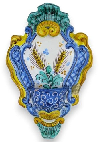 SICILIA BEDDA CAPACI Acquasantiera in Ceramica Siciliana, Motivo Barocco e Fiore - h 23 cm x L 15 cm ca. MD9