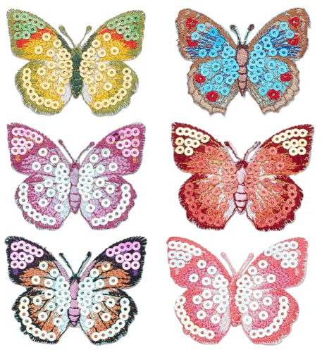 INFUNLY 6 Pailletten-Schmetterling-Aufnäher Zum Aufbügeln, Schmetterlings-Applikation, 6 Farben, Aufnäher, Abzeichen Für Kleidung, Tasche