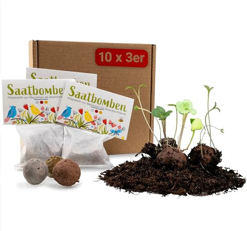 LouMaxx Set aus 10x3 handgemachten Saatbomben, Samenbomben Geschenk, Blumensamen als Gastgeschenk, nachhaltige Samen Kinder Mitgebsel, ökol. Pflanzkugeln mit über 50 Arten Blumensamen