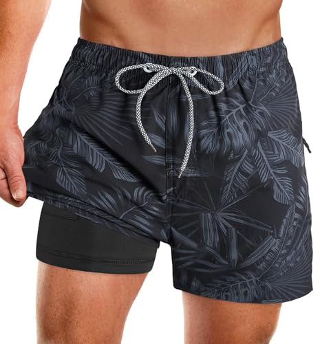 APTRO Herren Badeshorts Badehose mit Innenhose Schnelltrocknend Boardshorts mit Reißverschlusstaschen Sport Shorts Grau MK385 L