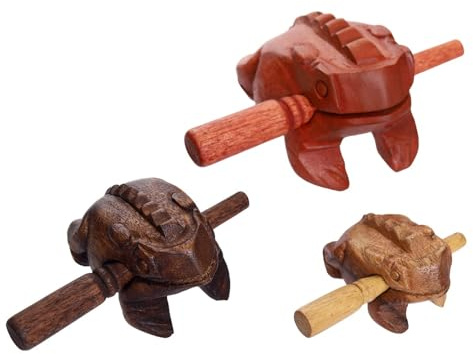 Guiros Percussion Instruments Wooden Frog wooden frog musical instrument 3 Pieces Set of 4 Inch Frog, 3 Inch Frog, and 2.25-2.75 Inch Frog Home Decor (Brown/Dark Brown/Natural Color)