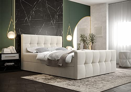 PAMIR24 Boxspringbett mit 2 Bonell-Federkernmatratzen H3, 2 Bettkästen, Polsterbett inkl. Schaumstoff-Topper und Kopfteil HAN (Creme, 180x200cm)