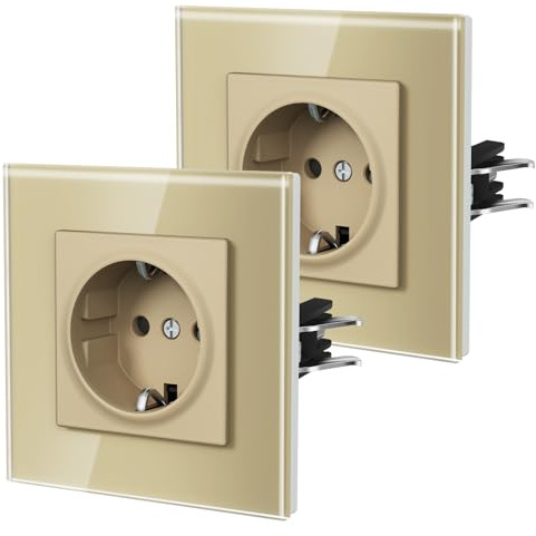 BSEED Enchufe Pared con Cristal,Enchufes Empotrable Estándar,Instalación Con Garfio,Conexión sin Destornillador,Seguridad infantil,E-Serie,1 Enchufe - 2 Paquetes,86mm Oro