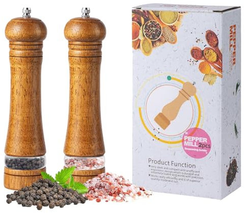 Set di 2 macinini per sale e pepe, grandi, in legno, ricaricabili, con nucleo in ceramica regolabile e finestra trasparente per pepe, sale, spezie