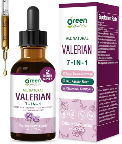 green Herb Vibe Valerian Root (Valeriana) Sleep Support Drops, 7-in-1 Herbal Extract Liquid Tincture Supplement for Relaxation & Sleep Soundly & Deeply with Passion Flower, Chamomile & Lavender. 2oz
