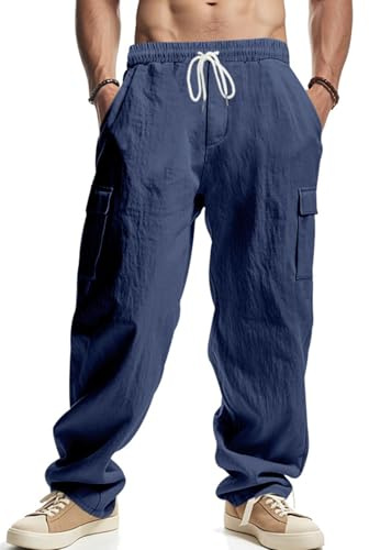 PADOLA Pantalones de Lino Ligero para Hombre Pantalón de Carga con Bolsillos Pantalones Casuales de Corte Holgado con Cordón Elásticos