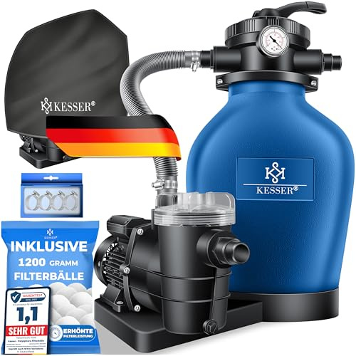 KESSER® Impianto di filtraggio a sabbia con pompa e palline filtranti da 1200 g, filtro per piscina da 600 W, filtro a sabbia per piscina 13200 l/h, volume del serbatoio fino a 30 kg, valvola a 7 vie