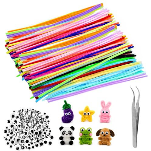 150 Pcs Limpiapipas Manualidades,Limpia Pipas para Manualidades de Colores,Set de Limpiapipas,Pipe Cleaners,Kit de Limpieza de Pipas para Manualidadess DIY + 100 Pompones, 100 Ojos Saltones, 1 Pinza