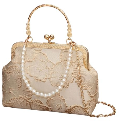 Anopo Bolso de mano de noche para mujeres con bolso floral bordado con asa de perla desmontable Bolso Bandolera Bolso de Hombro