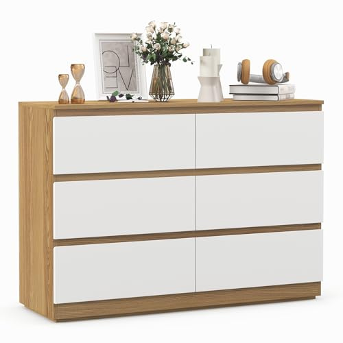 GRAVFORCE Commode à 6 Tiroirs Sideboard à Grande Capacité, Meuble à Tiroirs en Bois pour Chambre à Coucher, Salon, Couloir, Bureau - Organisateur de Rangement (110x38x77)