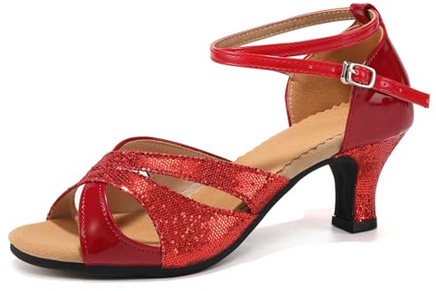 Uonpie Zapatos de Baile Latino para Mujer Punta Abierta Chacha Salsa Tango Jazz práctica Profesional,DY05-Rojo-5.5,37 EU