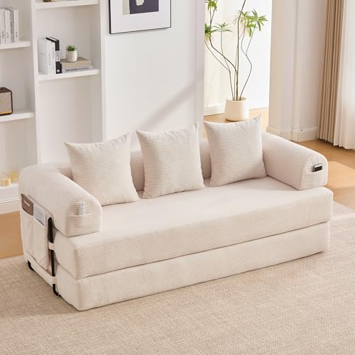 Divano compressione in Velluto a Coste, Morbidissimo e Liberamente Componibile, Divano pieghevole con Tasche Laterali e tre cuscini, Struttura in metallo, divano a 3 posti, Sofa per Soggiorno(Beige)