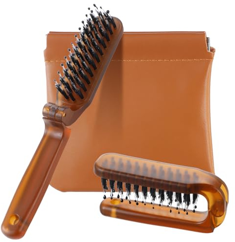 Yolev Foldable Hair Brush Mini Boar Bristle Hair Brush With 1 Purse Portable Travel Hair Brushes Travel Hairbrush for All Hairs Types Pocket-Size Detangler