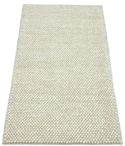 Alfombra de diseño beige, 100 % lana, tejida a mano, color beige y crema, suave, D729 (70 x 140 cm)