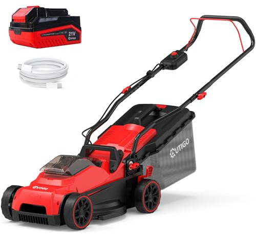 OUTIGO Cortacésped Eléctrico 21V, Batería 5.0Ah Incluida, 33 cm de Ancho de Trabajo, hasta 250 m², 32 L Bolsa recolectora, Altezza Regolabile 25-65 mm