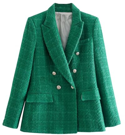 Dam tweed kavaj med krage, rutig, dubbelknäppt långärmad jacka, Grön, XS