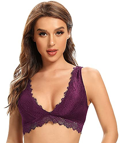 SHEKINI Damen BH Ohne Bügel Bralette Damen Spitze Bustier mit Gepolstert Tiefem Ausschnitt Sexy Spitzen Triangel-BH Sexy Unterwäsche