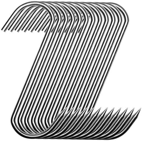 GYUEE Premium Butcher's Meat Hooks 20Pcs - Stainless Steel Wall S-Shaped Hooks for Hot and Cold Smoking, Chicken Hunting, Ribs (13cm, Pack of 20)