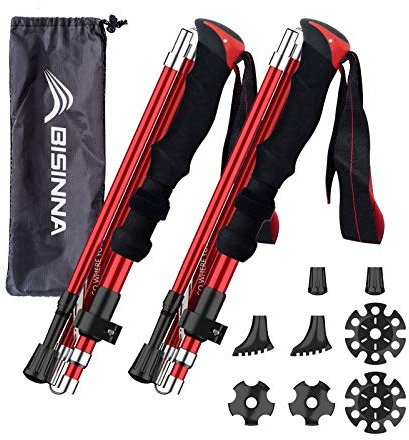 BISINNA Wanderstöcke Trekkingstöcke Nordic Walking Stöcke - 95-115 cm / 115-135 cm Faltbar Verstellbar Leichtgewichtige Aluminium-Wanderstock, mit Gummipuffer für Damen und Herren (4 Farben)