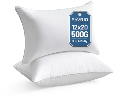 FAVRIQ 12 x 20 Throw Pillow Inserts (Set of 2), Rectangle Interior Sofa Pillow Inserts with 100% Cotton Cover, Lumbar Support Pillow for Chair Bed, Decorative Pillow Insert Pair, White Couch Pillow