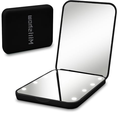 Milishow Compact Mirror, 1x/3x Magnifying LED Pocket Mirror, Small Lighted Travel Makeup Mirror for Purse, Handbag, Folding, Handheld, 2-Sided Mini Mirror with Lights for Women (Battery Black 1pack)
