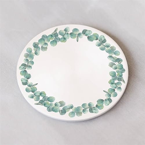 MOMENTU® Kerzenteller Bedruckt Eukalyptus weiß rund Ø 12 cm - Kerzenständer Stumpenkerzen, Kerzenhalter Stumpenkerzen, Kerzenuntersetzer, Taufkerze, Kommunionskerze