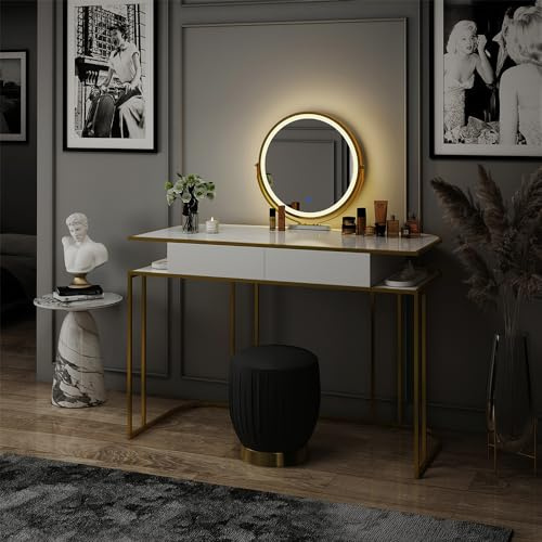 Vicco Tavolo da toilette Tiara, Bianco/Oro, 110 cm, con illuminazione LED e specchio regolabile in altezza