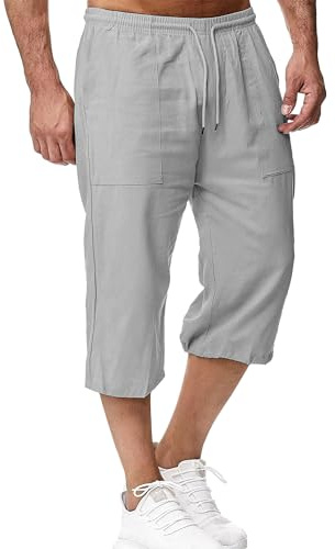 LVCBL Short en Lin pour Homme, Longueur 3/4, Pantalon d'été, pour la Plage, Le Yoga, Le Jogging, Décontracté