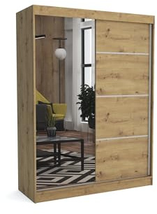 Brent - Kleiderschrank mit Spiegel Tom, 160cm Breit, Schlafzimmerschrank mit 1 Kleiderstange und Einlegeböden für Kleidung, Kleiderschrank Artisan Eiche
