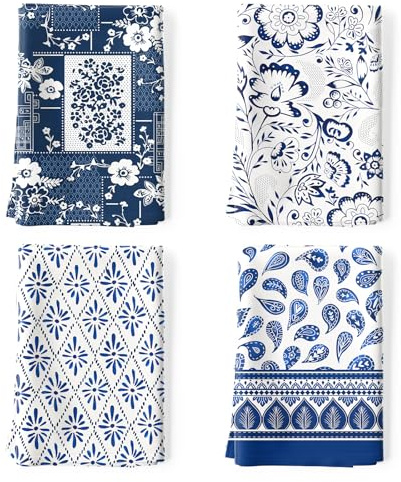 Arquiel Paños y Toallas de Cocina de Algodón - Set de 4 Paños de Plato Suaves y Absorbentes, Toallas de Té y Barra, 50 x 70CM Patrón Retro Azul