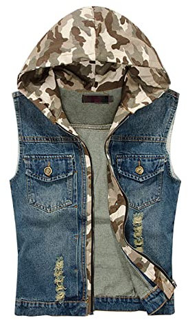 Herren Jeans Weste Herrenl, Kapuzenjacke Sommer Denim Weste Casual Zerrissene Jeansweste Basics Slim Fit Jeansmantel Cowboy Jeansjacke Patchwork Jeansweste Mit Kapuze Ärmellos Jacke Kapuzenweste