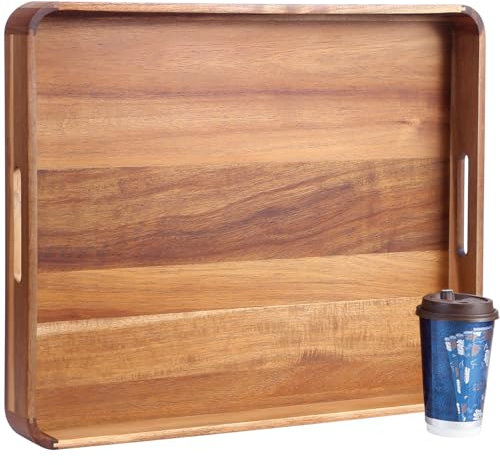 Decent Vrvege Large Wooden Ottoman Tray, Great 22x18 Rectangle Trays for Big Ottoman Counter, Huge Kitchen Wood Serving Tray Round Corner, Living Room Coffee Table Decor Centerpiece Organizer Trays