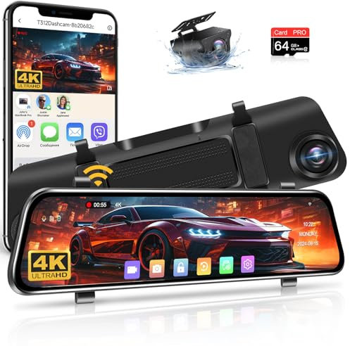 【WiFi】4K backkamera spegel 12 tums spegel bilkamera med backkamera med 64 G-kort bilkamera fram bak 170° vidvinkel bilkamera med WDR mörkerseende G-sensor för DC 12–24 V bil SUV pickup