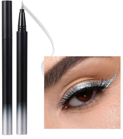 Ultradünne Flüssigkeit Augen Make-up-Stift,Wasserfest Kajalstift,Langanhaltend Funkelnd Eyeliner Stift,Leicht zu Bedienen, Hochpigmentiert Wischfest Make-up für Frauen (Silver)