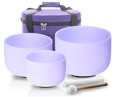 Hye-eun Purple Crystal Singing Bowls Set of 3, 432hz 8B 10F 12C Frosted Quartz Chakra Sound Bowl with Beige Carrying Case for Sound Healing Yoga Meditation