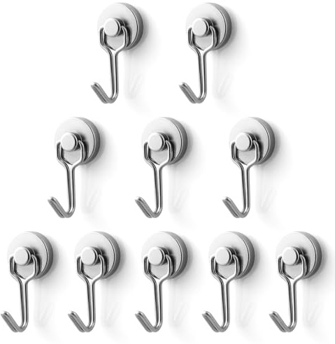 BTLIN Magnetiska krokar, kraftfulla neodymmagneter med krokar, max belastning 15 kg, perfekt för kök, kylskåp, grillställ, kontor och garage, 10-pack