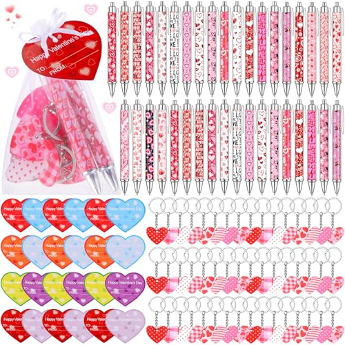 Tenceur 168 Pcs Valentine's Day Pens Gifts Bulk Heart Shaped Greeting Cards Acrylic Keychains with Valentines Ballpoint Pens Organza Gift Bags for Coworker Employee Work Office