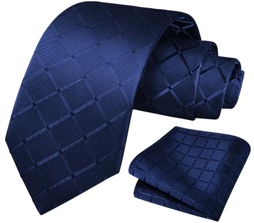 URAQT Men's Plaid Jacquard Tie and Pocket Square Set – 3.15 Width 146cm Length Formal Satin Necktie for Wedding, Business & Office（Navy Blue）
