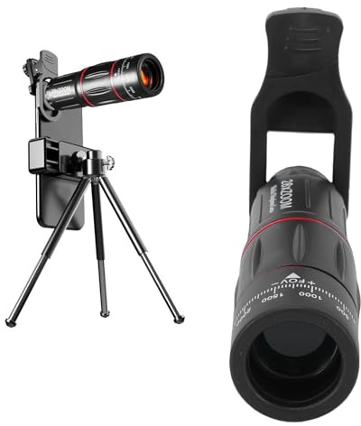 VELATEMOR Telefonkameraobjektivsats, 28X Telefoto 198° Fisheye 0,6X Vidvinkel 20X Makroobjektiv, med Justerbar Klämma och Stativ, för Resefotografering