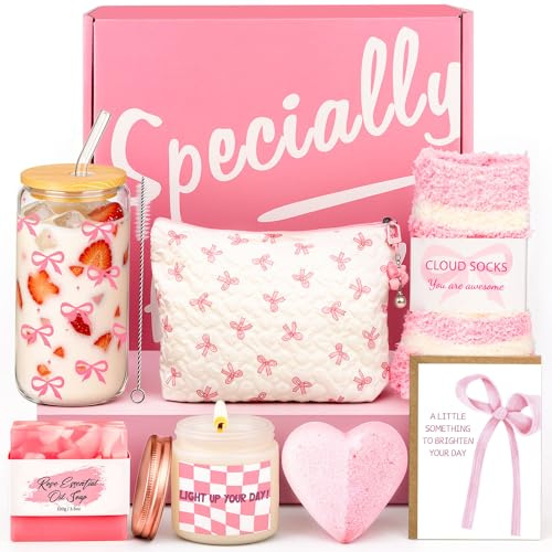 Birthday Gifts for Women, Rose Self Care Gifts Set for Her, Pink Spa Gift Basket with Glass Tumbler, Cosmetic Bag, Scented Candle, Thank You Gifts for Mum, Best Friend, Christmas, Valentines Day