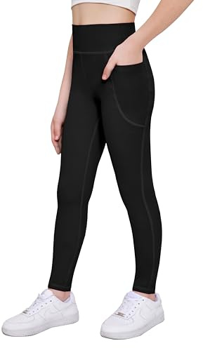 Arshiner Flickleggings, barn, långa, sportleggings, enfärgade, hög midja, sportbyxor, basic, elastiska leggings, jogging, träning, yogabyxor med fickor 5–14 år, svart, 7-8 år