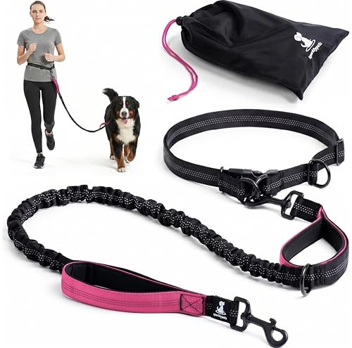 SparklyPets - Hands Free Dog Lead for Medium and Large Breeds - Professional Waist Leash for Walking, Hiking, Training, Jogging, Canicross, Running with Reflective Stitches (Pink, For 1 Dog)