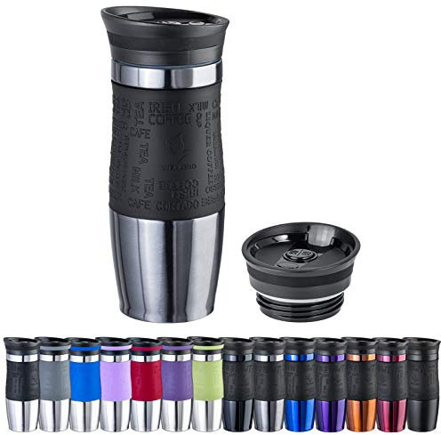 WELLGRO Thermobecher 400 ml + 1 Extradeckel - Edelstahl rostfrei - Silikon Soft-Touch Griffstück - BPA-frei - Isolierbecher doppelwandig - Travel Mug - Kaffeebecher to go, Farbe:Grau Metallic