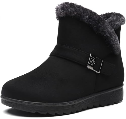Vunavueya Chaussures Bottes D'Hiver en Cuir Femmes Courte Bottines Mode de Neige avec Doublure Chaud Fourrure Noir Doublé 39.5 EU/255CN