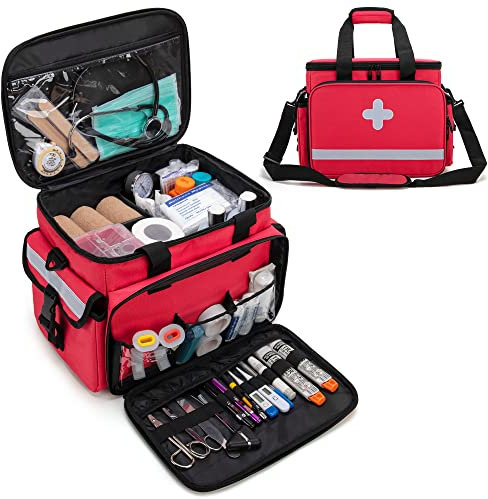 CURMIO Erste Hilfe Sets Aufbewahrungstasche, Medizinische Tasche für Zuhause, Notfalltasche für Hausarzt, Häusliche Pflege, Hospizbesuch, Reise oder Notfallveranstaltung(LEERE TASCHE), Rot